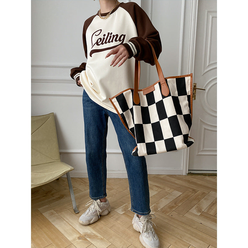 Diana Harvard Sweatshirt Retro Alphabet Color-Block Raglan Sleeves Contrast Color Casual Sweatshirt