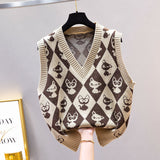 Preppy Aesthetic Outfits Spring Vintage Hit Color Diamond Lattice Knitted Waistcoat for Women V-neck Pullover Sweater