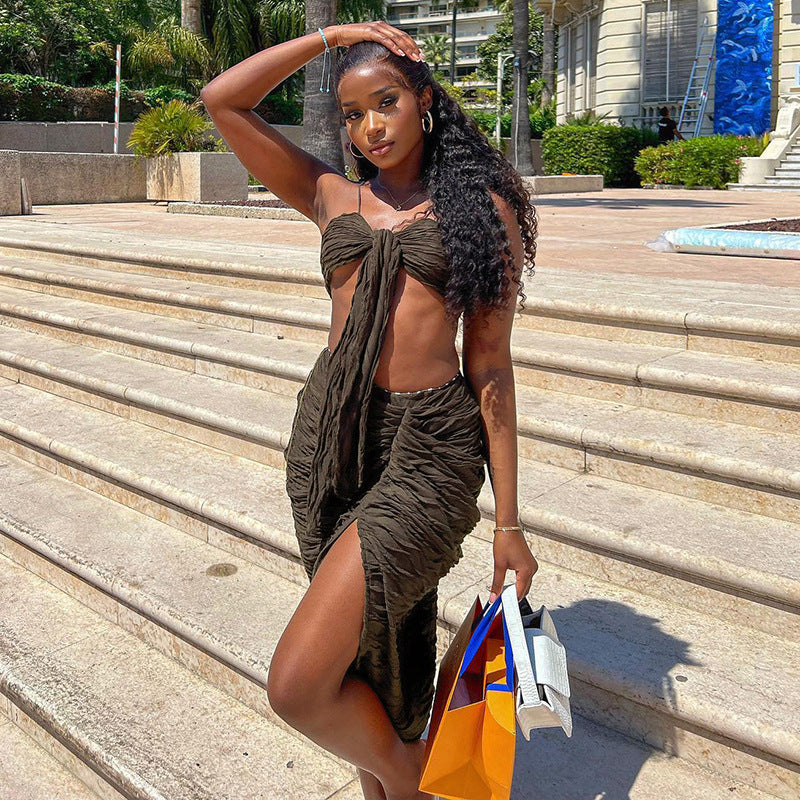 Women Top & Skirt 2 Piece Set Summer Cropped Tank Top Hip Split Skirt Suit