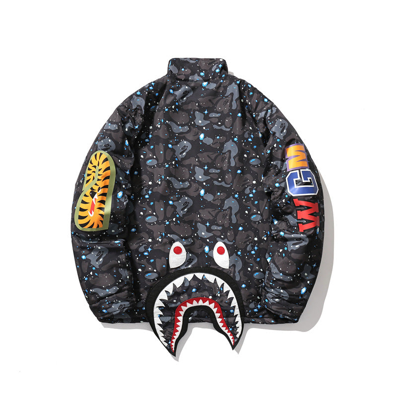 BAPE Varsity Jacket Shark Head Starry Sky Cotton-Padded Coat Men's Casual Jacket Coat Autumn and Winter