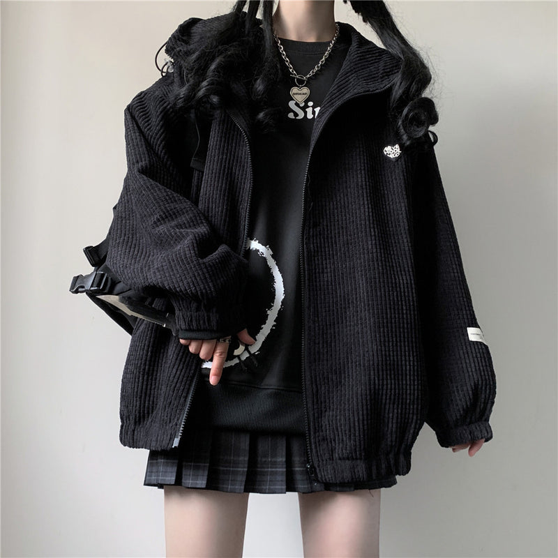 Gothic Lolita Harajuku Style Clothing Hooded All-Matching Corduroy Coat Female Loose-Fitting Jacket Top