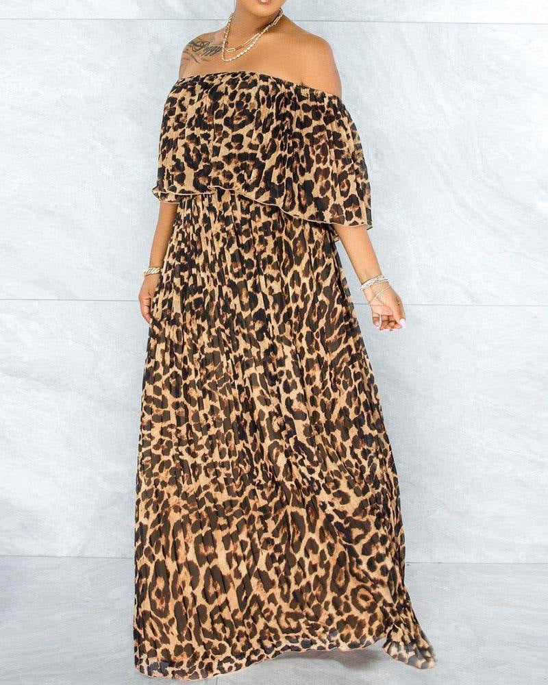Women Plus Size Maxi Dresses Off-Shoulder Loose Leopard Print Dress