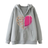 Skeleton Hoodie Winter Fleece Women's Long Sleeve Hoodie Heart-Shaped Clothes Printed Zipper