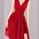 Prom Dresses Summer Red Elegant V-neck Irregular Cinched Bottoming Dress Sleeveless
