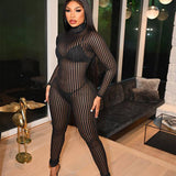 Kesha Black Dress Striped Mock-Neck See-through Jumpsuit Women