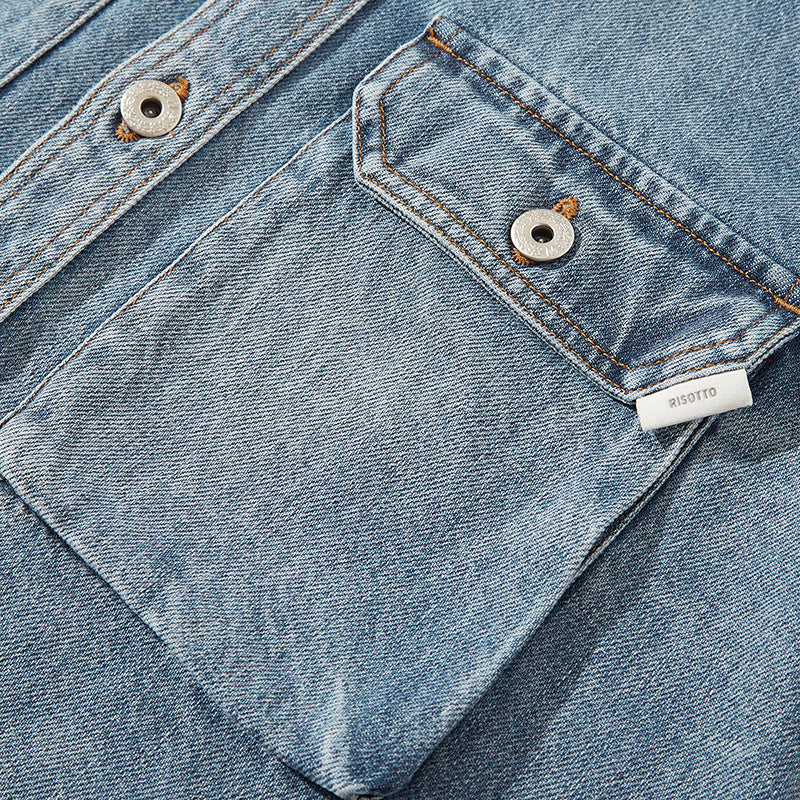Denim Shirts Retro Light Blue Trendy Heavy Autumn and Winter