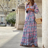 Women Bohemian Dress Women's Summer Long-Sleeve V-neck Dress