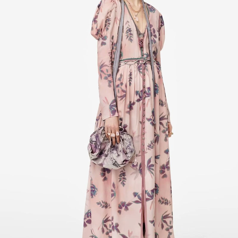 Women Dresses V-neck Button Print Loose Floral Long Sleeve Fashion Formal Dress