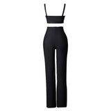 Women Bodycon Dress Spring/Summer Black Two-Piece Set Fashion Suspenders Top Bell-Bottom Pants