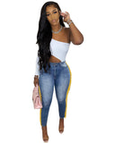 Women Plus Size Jeans High Waist Slim-Fitting Patchwork Tassel Trousers