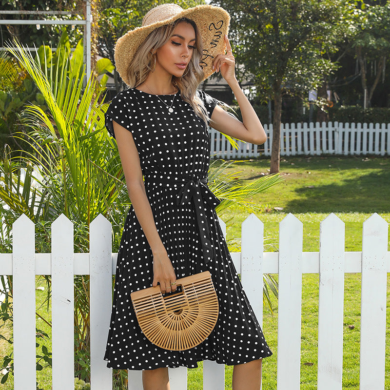 Work Dresses for Teachers Summer Polka Dot round Neck Short Sleeve Lace-up Pleating Dress for Women