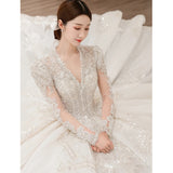 The Great Gatsby Daisy Dress Long Sleeve Wedding Dress 2021 Autumn and Winter New Bridal Palace Style V-neck Heavy Work Large Tail Sexy Wedding Dress Factory Wholesale