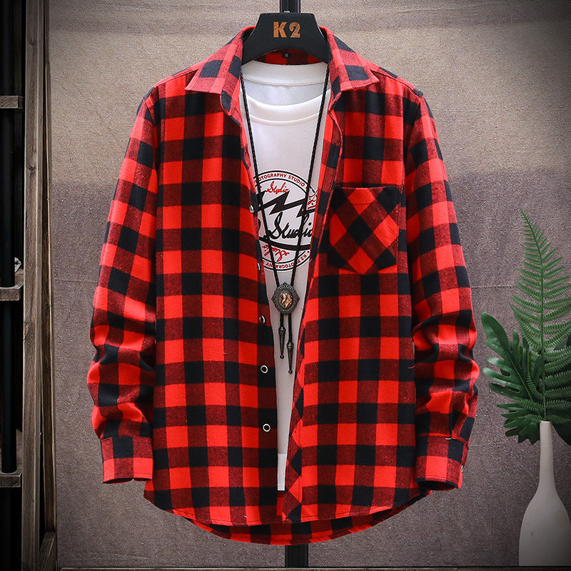 Mens Flannel Jacket Brushed Plaid Slim-Fit Long-Sleeved Shirt Fashion Shirt