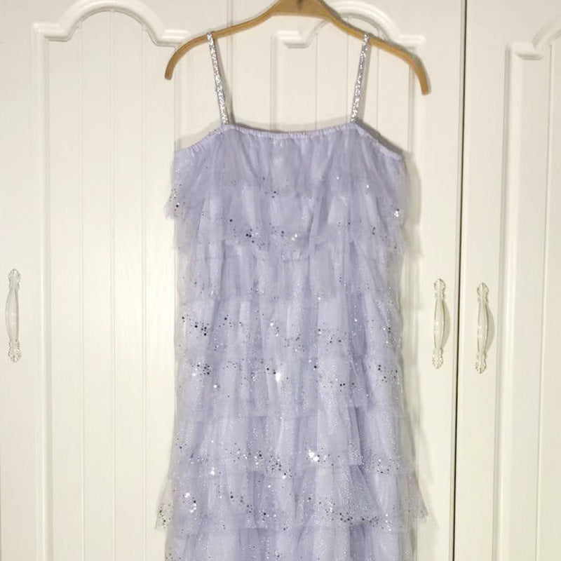 Fairy Dress Summer Vacation Style Dot Mesh Sling Mid-Length Dress
