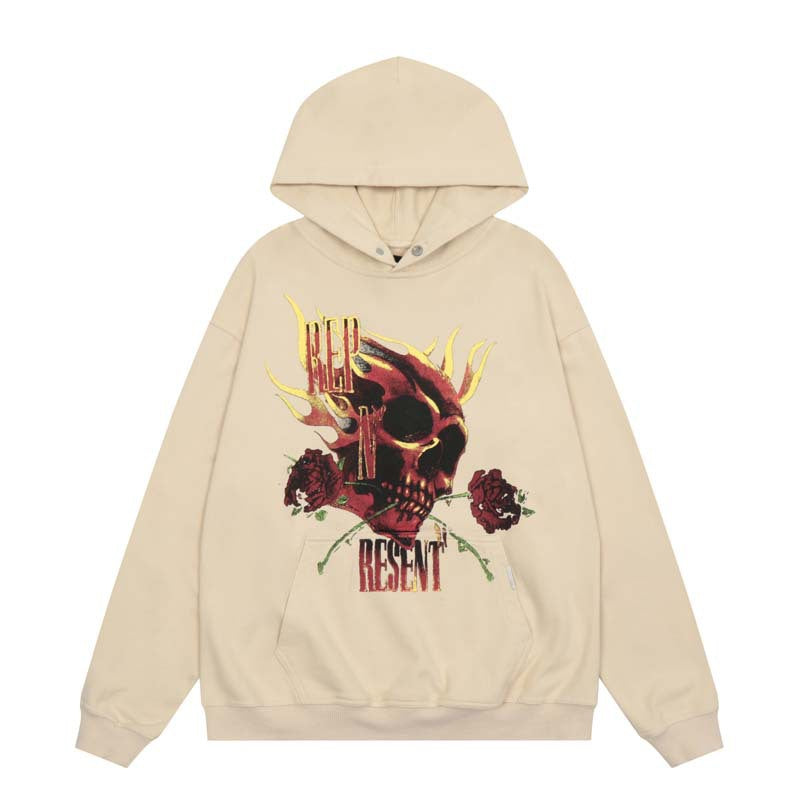 Present Hoodie Skull Rose Print Limited Distressed Loose Hooded Sweater