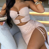 Bella Hadid Dress Fashion Sexy Bandeau Navel Drawstring Dress