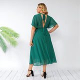 Women Plus Size Maxi Dresses Summer Green Bell Sleeve Ruffled Backless Chiffon Dress