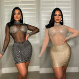 Kesha Black Dress Women's Fashion Sexy Mesh Long Sleeve Rhinestone Dress