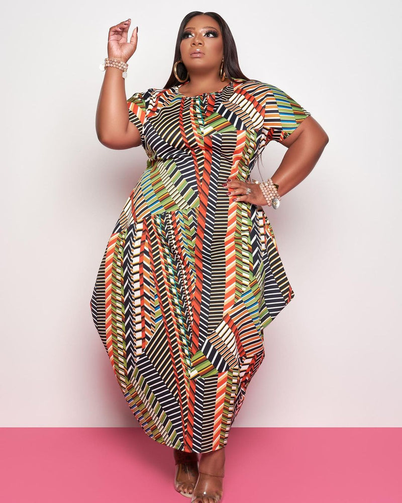 Women Plus Size Maxi Dresses Printed Short Sleeve Irregular Dress