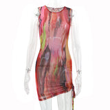 Abstract Bodycon Dress Tie-Dye Digital Printing Sheath Sleeveless Slim Dress