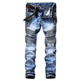 J Shaped Jeans New Men's Jeans Slim Straight Pleated Zipper Motorcycle Snowflake Holes, Blue