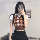 Preppy Aesthetic Outfits Spring Vintage Hit Color Diamond Lattice Knitted Waistcoat for Women V-neck Pullover Sweater
