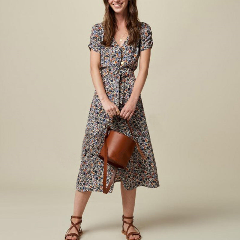Beth Dutton Yellowstone Dresses Summer Spring Midi Dresses Vintage Floral Dress Puff Short Sleeve V-neck Silk-Proof Short Sleeve