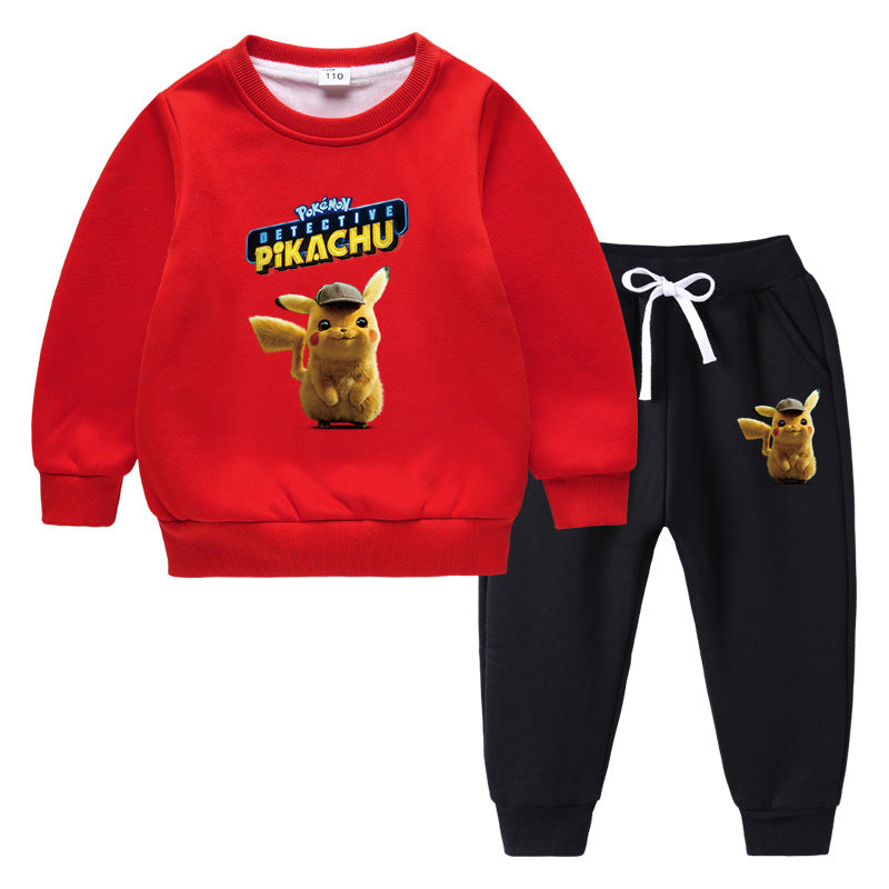 Children Pokemon Pikachu Hoodie & Pant Set Fleece Lined Padded Warm Keeping Winter Clothes Sweatershirt Suit