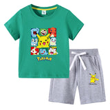 Children Pokemon Pikachu Tshirts & Shorts round Neck Half Sleeve T-shirt Suit Cotton Two-Piece Suit