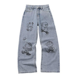 Anime Print Jeans Denim Pants Cartoon Straight-Leg Wide-Leg Pants Loose Jeans