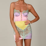 Women Exotic Dresses Summer Color Matching Hollow out Strap Breasted Sexy Lace Dress