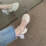 Nude Pumps Block Heel Vintage Bow Leather Shoes