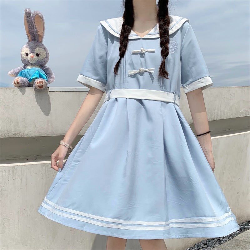 Gothic Lolita Harajuku Style Clothing Embroidered Chinese Knot Button Contrast Color Short Sleeve Dress