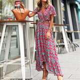Women Bohemian Dress Women's Summer Sexy V-neck Short Sleeve Printed Dress