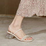 Nude Wide Fit Block Heels Pearls Strap High Heels