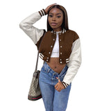 Women Coats Autumn and Winter Women's Single-Breasted Slim Jacket Pu Stitching Long Sleeve Baseball Uniform Coat
