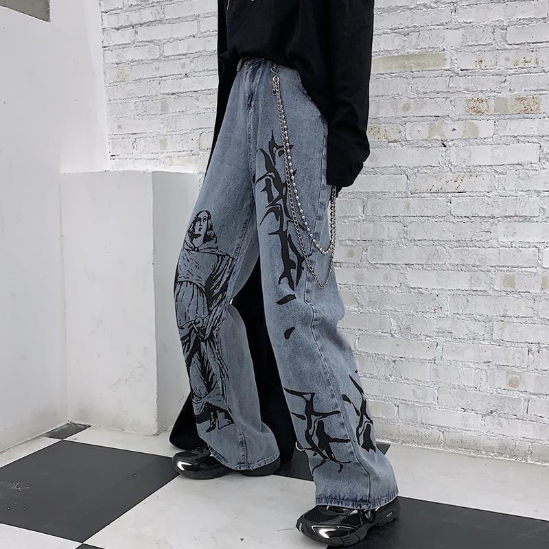 Anime Print Jeans Denim Pants Men Baggy Straight Trousers