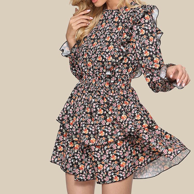 Beth Dutton Bohemian Dress Winter Autumn Midi Dresses Autumn Floral Print round Neck Shawl Long Sleeve Stitching Ruffle Ruffle Dress