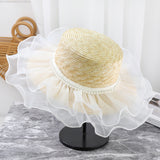 Straw Hat Pearl Mesh Straw Hat Flat Top Hat