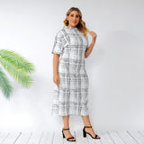 Women Plus Size Maxi Dresses Summer Plaid Stand Collar Short Sleeve Bodycon Dress