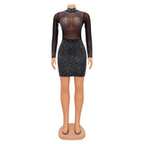 Kesha Black Dress Women's Fashion Sexy Mesh Long Sleeve Rhinestone Dress