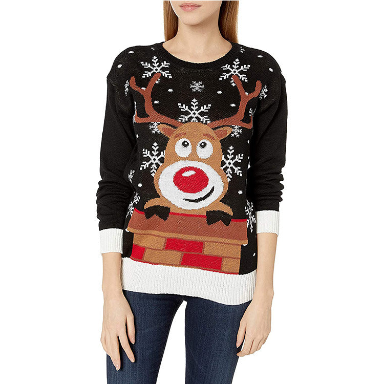 Ugly Christmas Sweater Elk Brocade Sweater Female