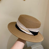 Straw Hat Dual-Color Patchwork Decorative Flat Top Hat