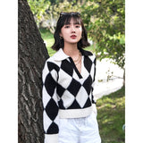 Preppy Aestitic Outfits V-neck Black and White Checkerboard Plaid Sweater