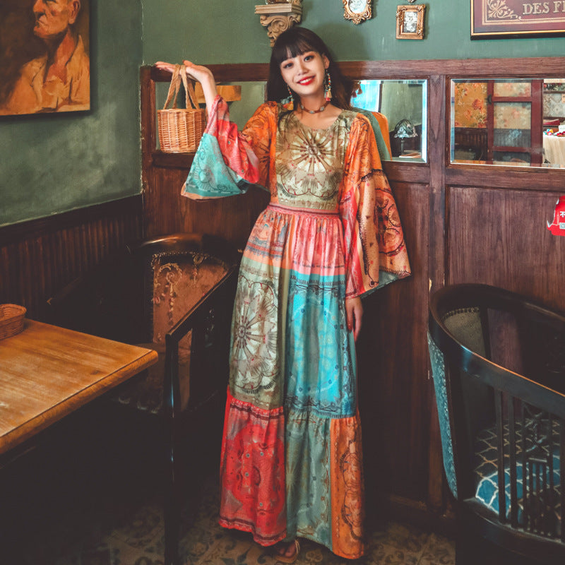 Beth Dutton Bohemian Dress Winter Autumn Midi Dresses Flare Sleeve Contrast Color Round Neck 3/4 Sleeve Color Holiday Dress