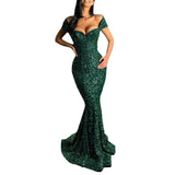 Sequin Evening Dress Sexy V-neck Formal Dress Solid Color Slim Fit Long Dress