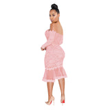 Autumn and Winter off-Shoulder Lace Fishtail Skirt Swing See-through Dress
