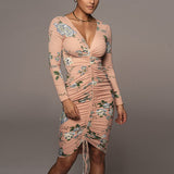 Women Summer Dresses Midi Dress Sexy V-neck Long Sleeve Printed Dress