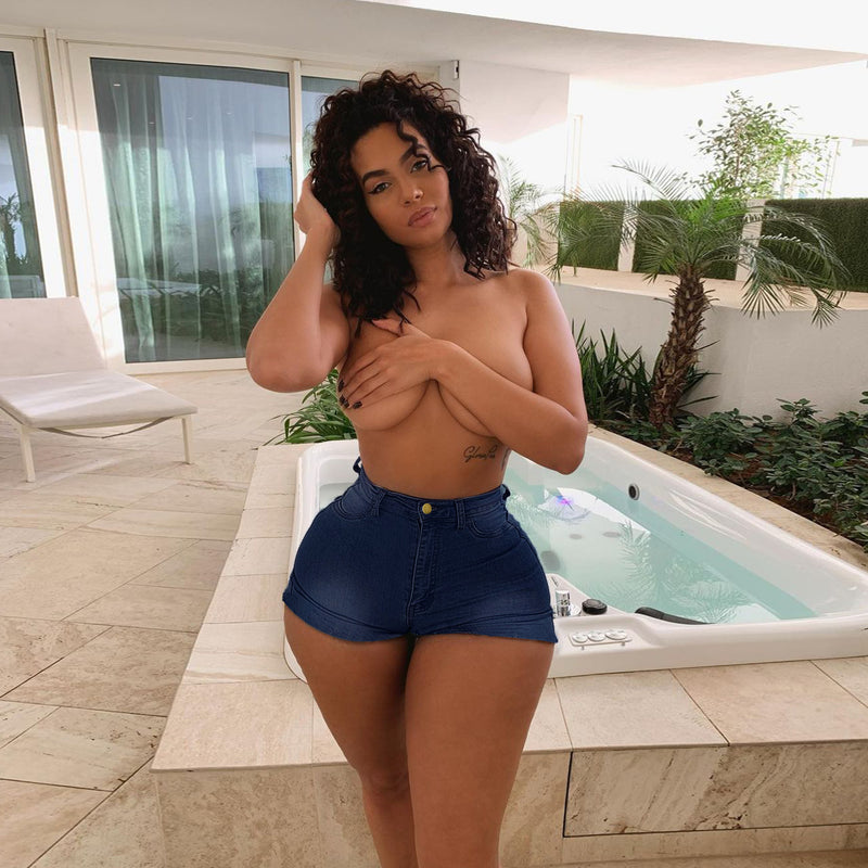 Women Plus Size Denim Shorts High Waist Slim Solid Color Denim Shorts