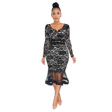 Small V-neck Long Sleeve Lace Fishtail Skirt Swing See-through Dress